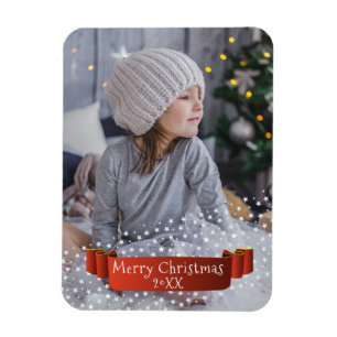 Modern Merry Christmas Photo / red Ribbon Stars Magnet