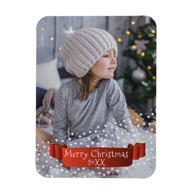 Modern Merry Christmas Photo / red Ribbon Stars Magnet (Vertical)