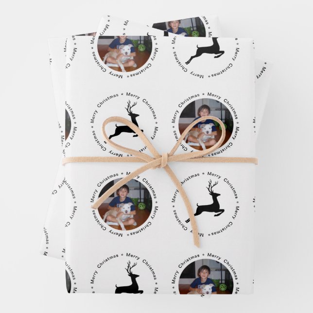 Modern Merry Christmas Photo Reindeer Pattern Wrapping Paper Sheet (In situ)