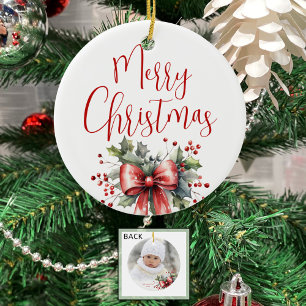 Modern Merry Christmas Photo Script Holly Bow Ceramic Ornament