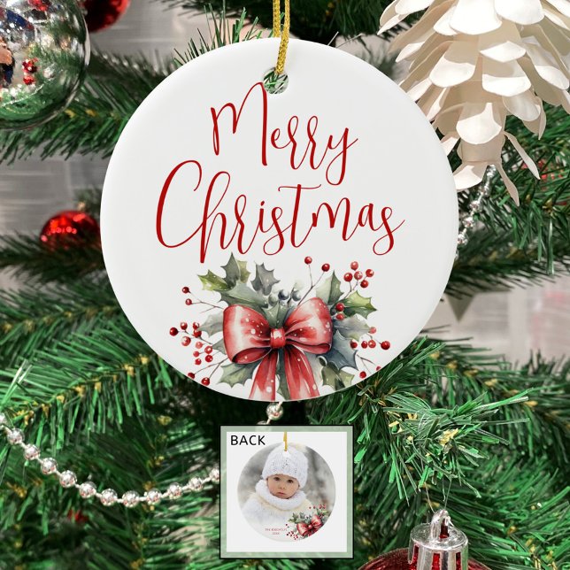 Modern Merry Christmas Photo Script Holly Bow Ceramic Ornament (Creator Uploaded)
