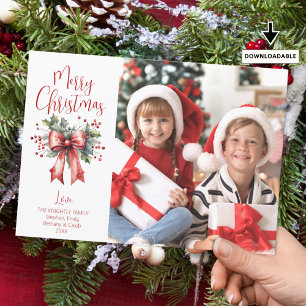 Modern Merry Christmas Photo Script Holly Bow Holiday Card