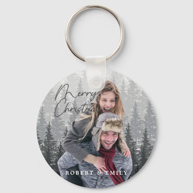 Modern Merry Christmas Photo Script  Key Ring (Front)