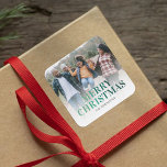 Modern Merry Christmas Photo Square Sticker<br><div class="desc">Modern christmas holiday stickers featuring a family photo,  the words "merry christmas" in a elegant green gradient typeface,  and your family name.</div>