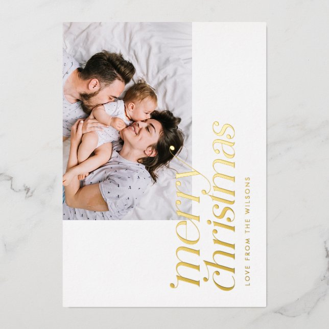 Modern Merry Christmas Photo Stylish Real Foil Holiday Card (Front)