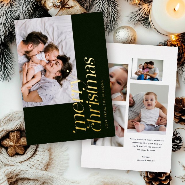 Modern Merry Christmas Photo Stylish Traditional Foil Holiday Card (Creator Uploaded)