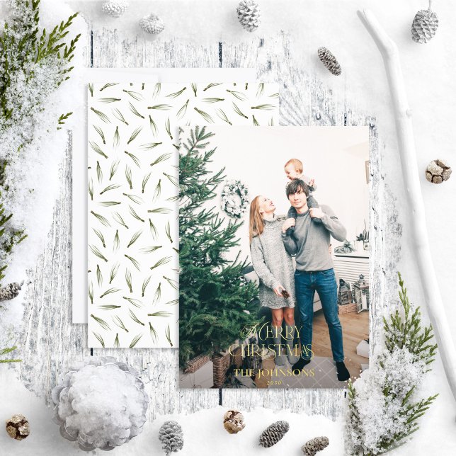 Modern Merry Christmas Pine Green Gold Photo Foil Holiday Card (Creator Uploaded)