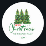 Modern Merry Christmas Pine Trees Family Classic Round Sticker<br><div class="desc">Add a festive touch to your holiday gifts and cards with our Modern Merry Christmas Pine Trees Family Classic Round Sticker! Featuring a stylish design with elegant pine trees and a cheerful "Merry Christmas" message, this sticker captures the essence of the season in a contemporary way. Perfect for personalising your...</div>