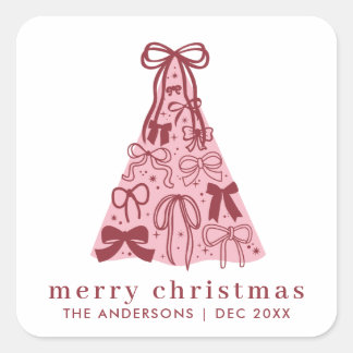 Modern Merry Christmas Pink Bow Square Sticker