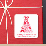 Modern Merry Christmas Pink Bow Tree Square Sticker<br><div class="desc">Modern Merry Pink & Red Bow Tree Flat Holiday Card – Personalised Festive Fun Send stylish holiday cheer with this trendy flat Christmas card, featuring a playful hand-sketched tree topped with a bold red bow and soft pastel pink accents. The modern design blends festive fun with a chic, minimalist aesthetic,...</div>