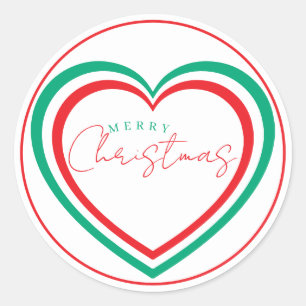 Modern Merry Christmas Red and Green Heart Classic Round Sticker