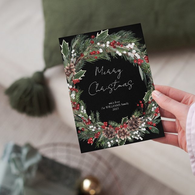 Modern Merry Christmas Red Berry Botanical Wreath Holiday Card (Spread a smile this Christmas and don't forget to send your loved ones a special card 🎄)