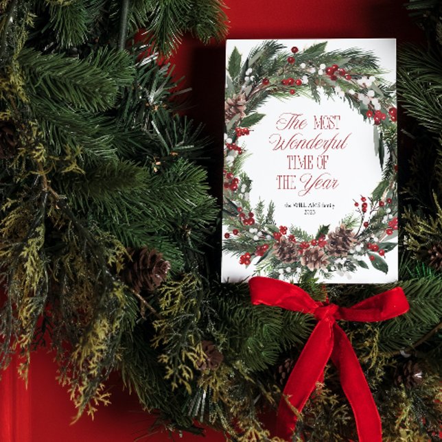 Modern Merry Christmas Red Berry Botanical Wreath Holiday Card (Spread the magic of the holidays with these beautiful cards 🎅🏼❤️)