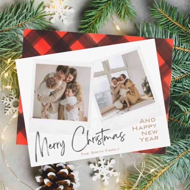 Modern Merry Christmas Red Black Plaid Photo Card (Creator Uploaded)
