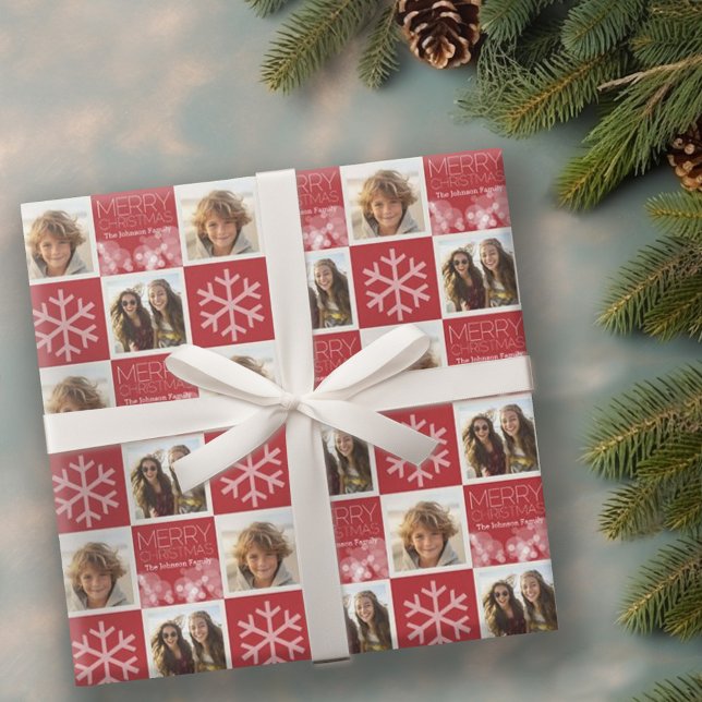 Modern Merry Christmas Red Bokeh Personalised Wrapping Paper (Personalized wrapping paper with 2 photos)