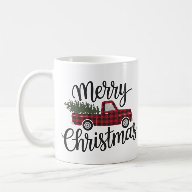 Modern Merry Christmas Red Buffalo Plaid Truck  Coffee Mug (Left)