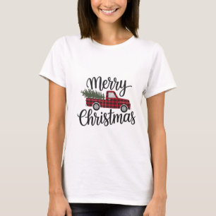 Modern Merry Christmas Red Buffalo Plaid Truck     T-Shirt