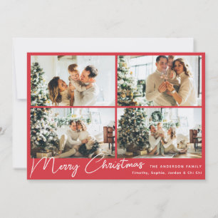Modern Merry Christmas Red Four Photo Collage  Holiday Card