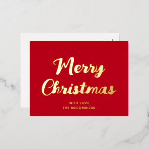 Modern Merry Christmas Red Gold Script Simple Foil Holiday Postcard