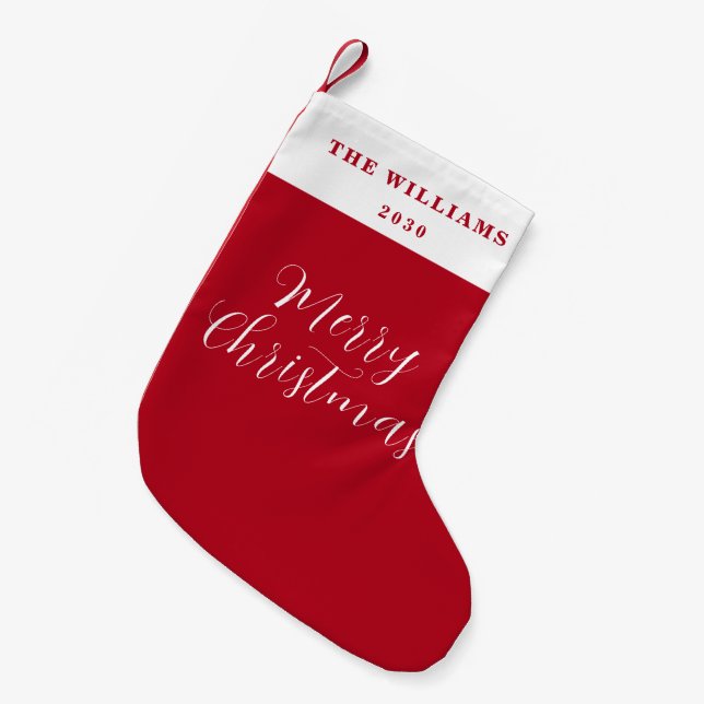Modern Merry Christmas Red Minimal Script  Small Christmas Stocking (Front (Hanging))