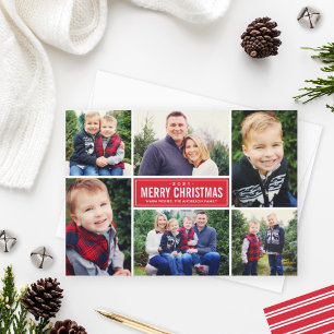 Modern Merry Christmas Red Photo Collage Holiday Card