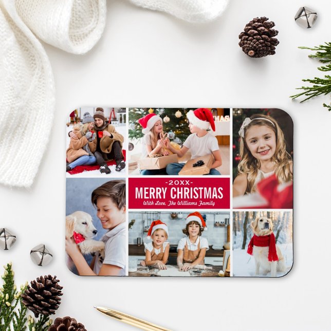 Modern Merry Christmas Red Photo Collage Magnet (Creator Uploaded)
