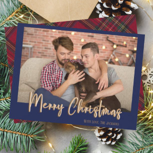 Modern Merry Christmas Red Plaid Holiday Photo Card
