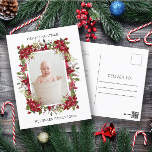 Modern Merry Christmas Red Poinsettias Photo Holiday Postcard