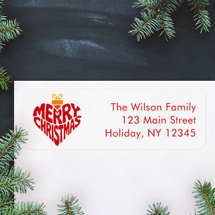 Modern Merry Christmas Red Retro Heart Return Address Label