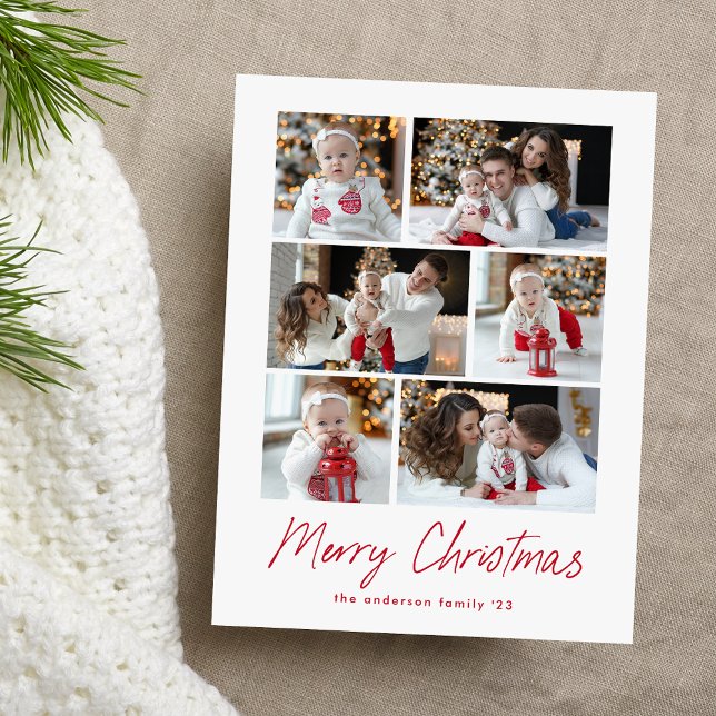 Modern Merry Christmas Red Script 6 Photo Collage Holiday Postcard (Creator Uploaded)