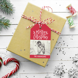 Modern Merry Christmas Red Script Photo Gift Tags