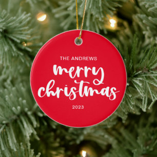 Modern Merry Christmas Red White Script Back Photo Ceramic Ornament