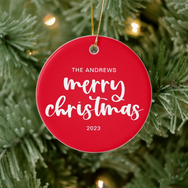 Modern Merry Christmas Red White Script Back Photo Ceramic Ornament (Tree)