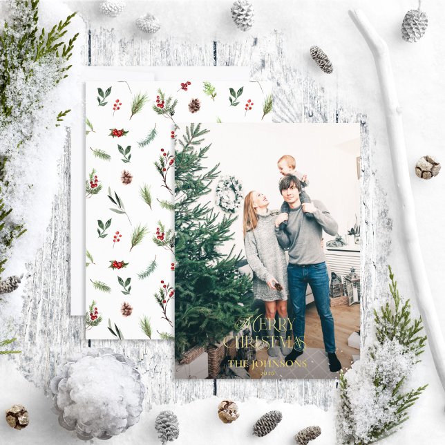 Modern Merry Christmas Red Winter Green Gold Photo Foil Holiday Card (Creator Uploaded)