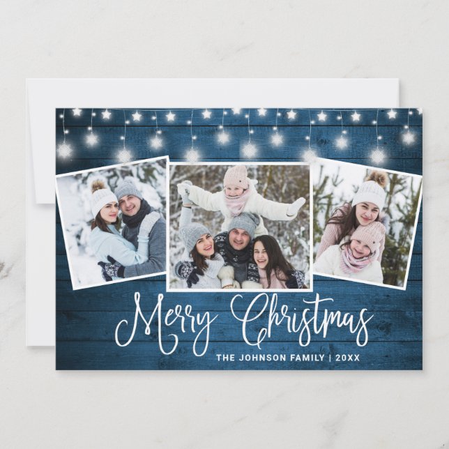 Modern Merry Christmas Rustic  3 PHOTO Greeting Holiday Card (Front)