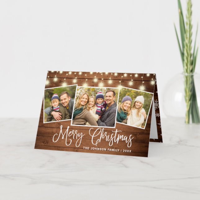 Modern Merry Christmas Rustic 3 PHOTO Greeting Holiday Card (Front)