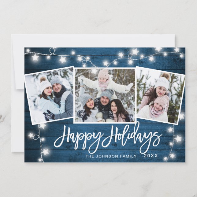Modern Merry Christmas Rustic  3 PHOTO Greeting Holiday Card (Front)