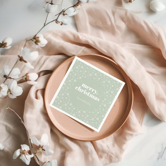 Modern Merry Christmas Sage Green Snowflake Napkin (Christmas holiday snowflake pattern napkin)