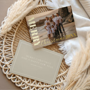 Modern Merry Christmas Script Beige 1 Photo Gold Foil Holiday Card