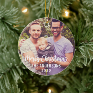 Modern Merry Christmas Script Custom Family Photo Ceramic Ornament
