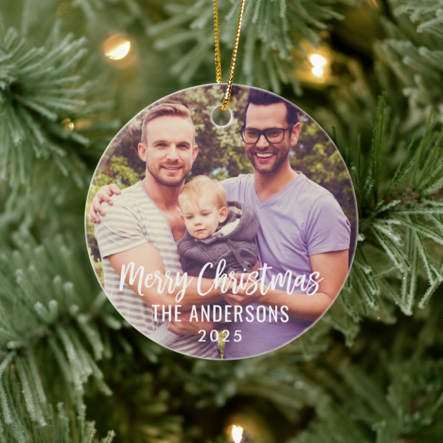 Modern Merry Christmas Script Custom Family Photo Ceramic Ornament (Tree)
