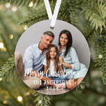 Modern Merry Christmas Script Custom Family Photo Ornament<br><div class="desc">Stylish photo ornament design for the holidays features your favorite family image with Merry Christmas text in modern brushed script lettering. Personalize the custom text with your last name or family name and the year. A simple pattern of white winter snowflakes dresses up the back of the ornament. The neutral...</div>