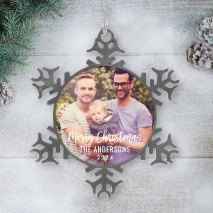 Modern Merry Christmas Script Custom Family Photo Snowflake Pewter Christmas Ornament