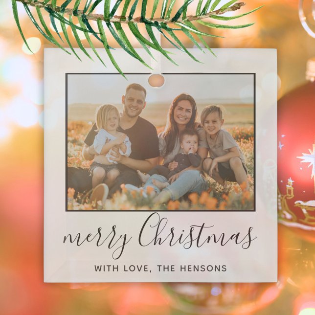 Modern Merry Christmas Script Family Photo Glass Tree Decoration (Creator Uploaded)