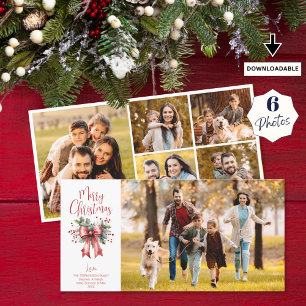 Modern Merry Christmas Script Holly Bow 6 Photos Holiday Card