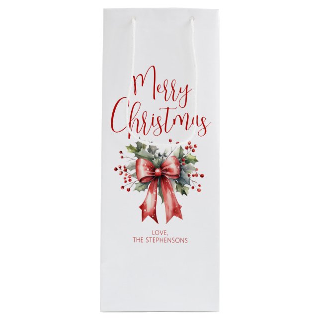 Modern Merry Christmas Script Holly Bow Name Wine Gift Bag (Front)