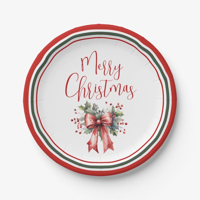 Modern Merry Christmas Script Holly Bow Paper Plate (Front)