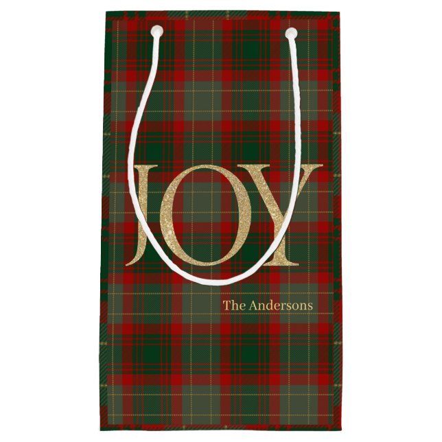 Modern Merry Christmas script Joy tartan red Small Gift Bag (Front)