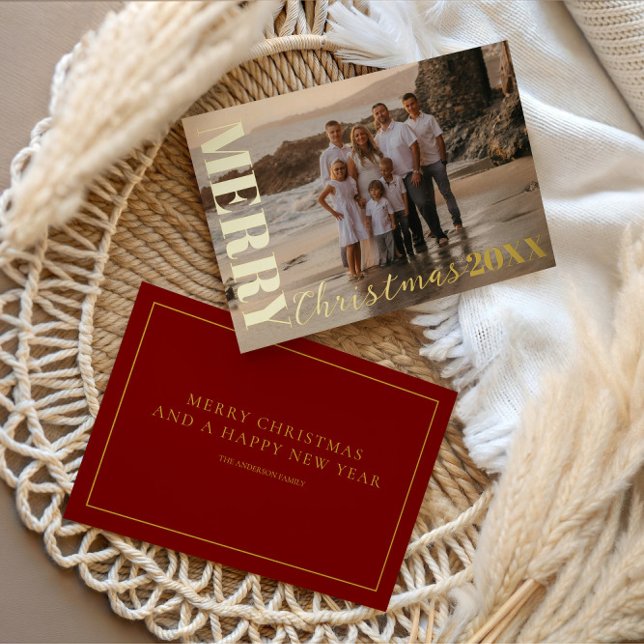 Modern Merry Christmas Script One Photo Gold  Foil Holiday Card (Creator Uploaded)