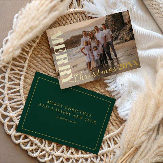 Modern Merry Christmas Script One Photo Gold  Foil Holiday Card (Creator Uploaded)